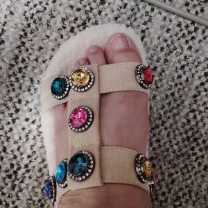 Embellished Tan Sandals with Multicolor Gems